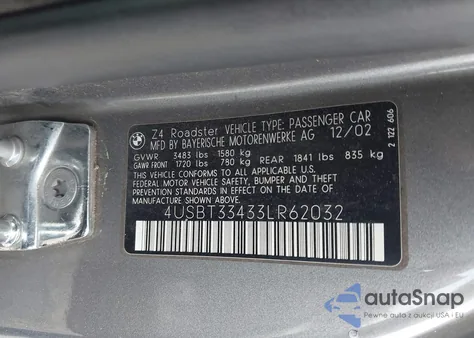 2003 BMW Z4 2.5I из США, поврежденный, VIN 4USBT33433LR62032